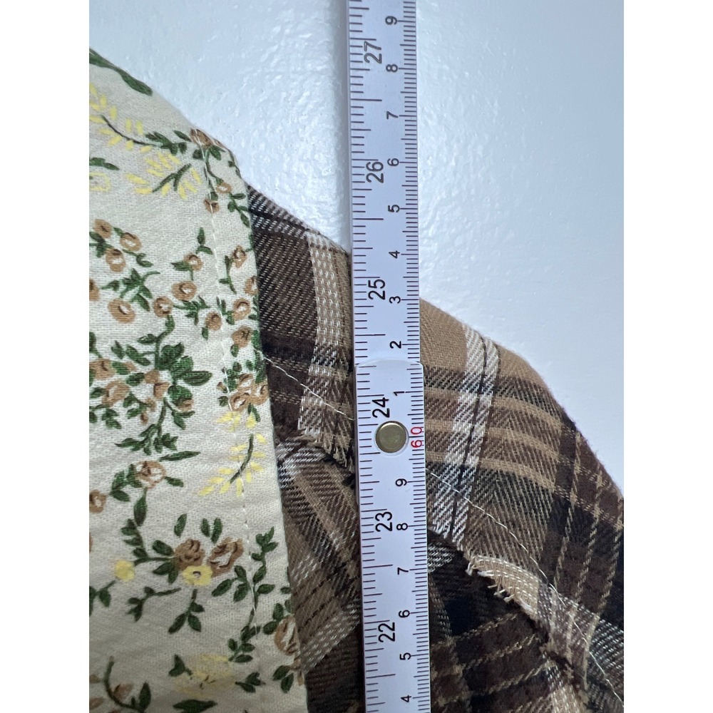POL Mixed Media Plaid Floral Button Down Shirt Brown Womens S Baloon Sleeve Boho - Picture 6 of 10